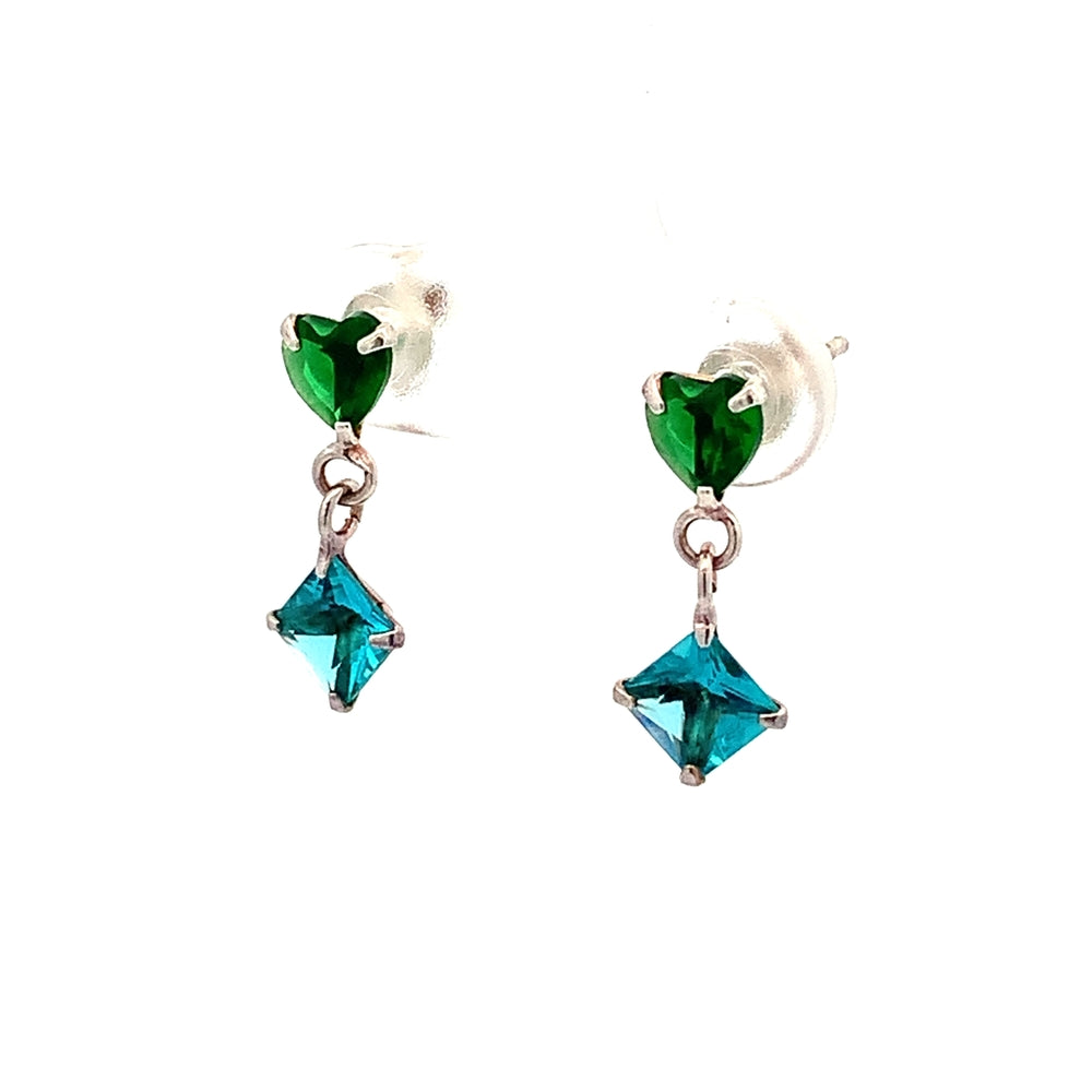 Emerald Heart Shape and Aquamrine Diamond Shape Stud Earrings
