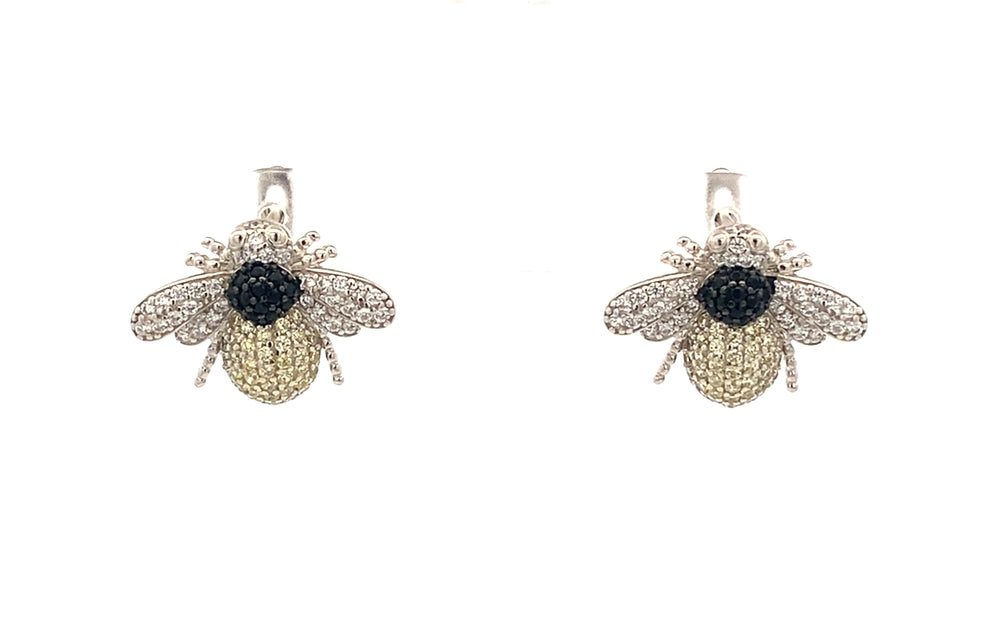 E8085 SILVER FULL BLACK YLWSH WITH CUBIC ZIRCONIA BEE CLIP ON EARRNG 5.8G