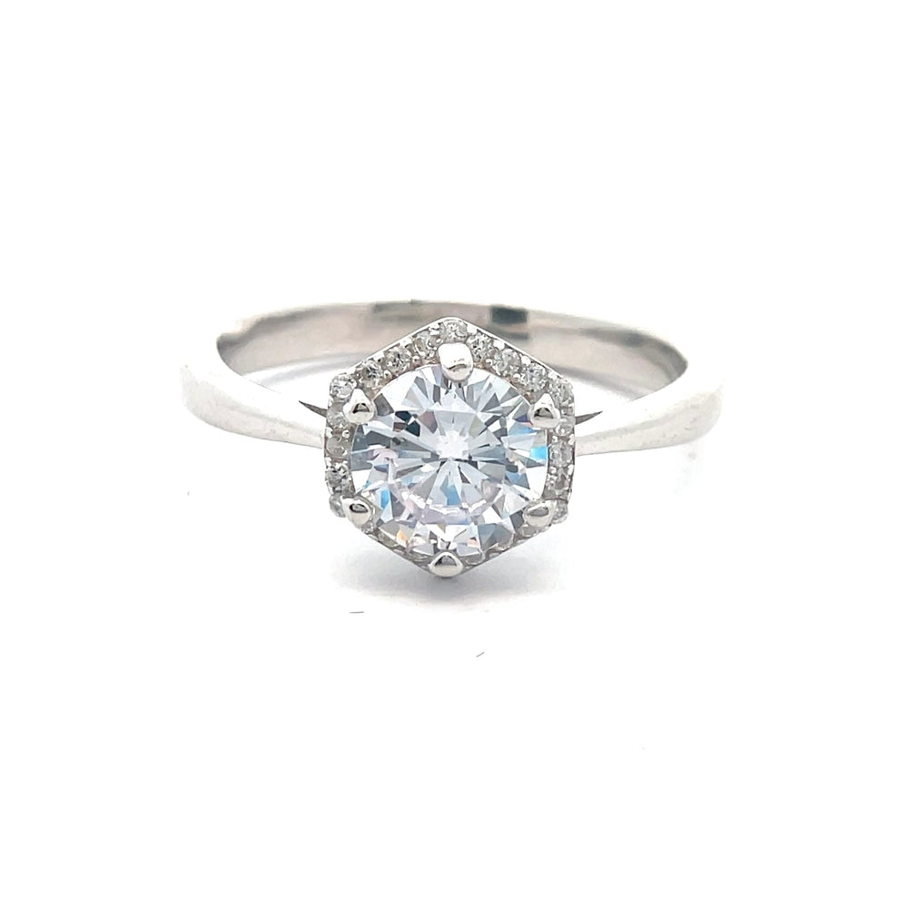 Izel Brilliant Cut with Hexagon Halo 925 Sterling Silver Engagement Ring
