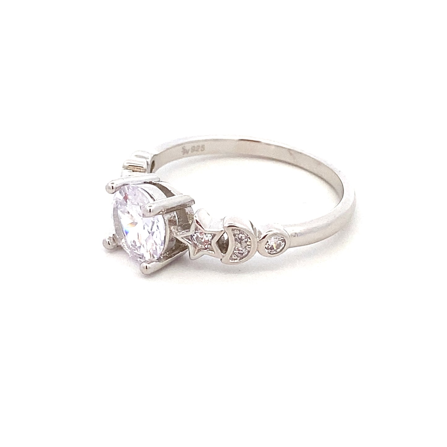 R64518 4PRNG RND CZ W/CZ STAR,MOON ON SIDES R