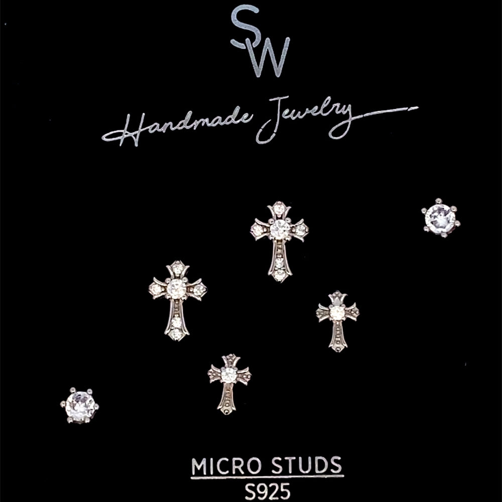 S792 RHOD SET OF SMALL BIG ASTERISK CROSS W CZ STONE IN PRONG