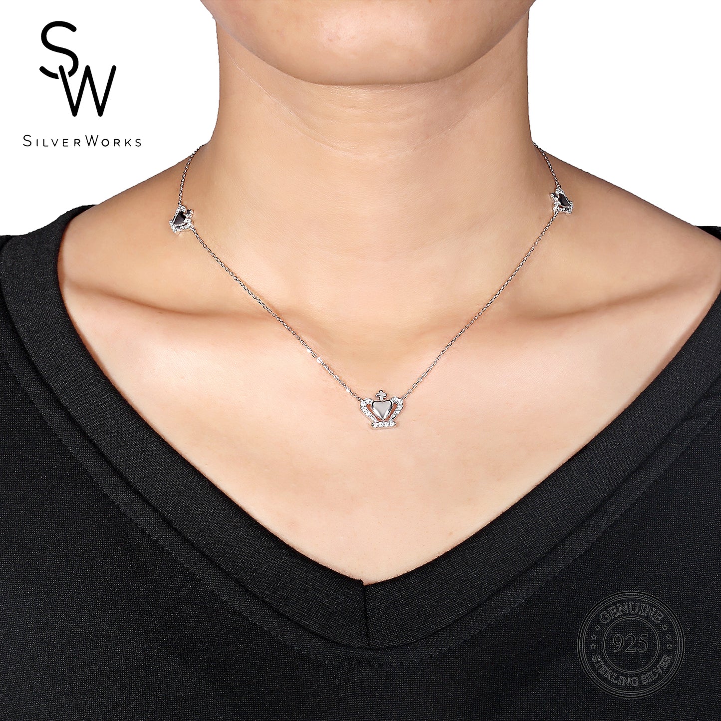 Halyn Heart Crown 925 Sterling Silver Necklace | SilverWorks