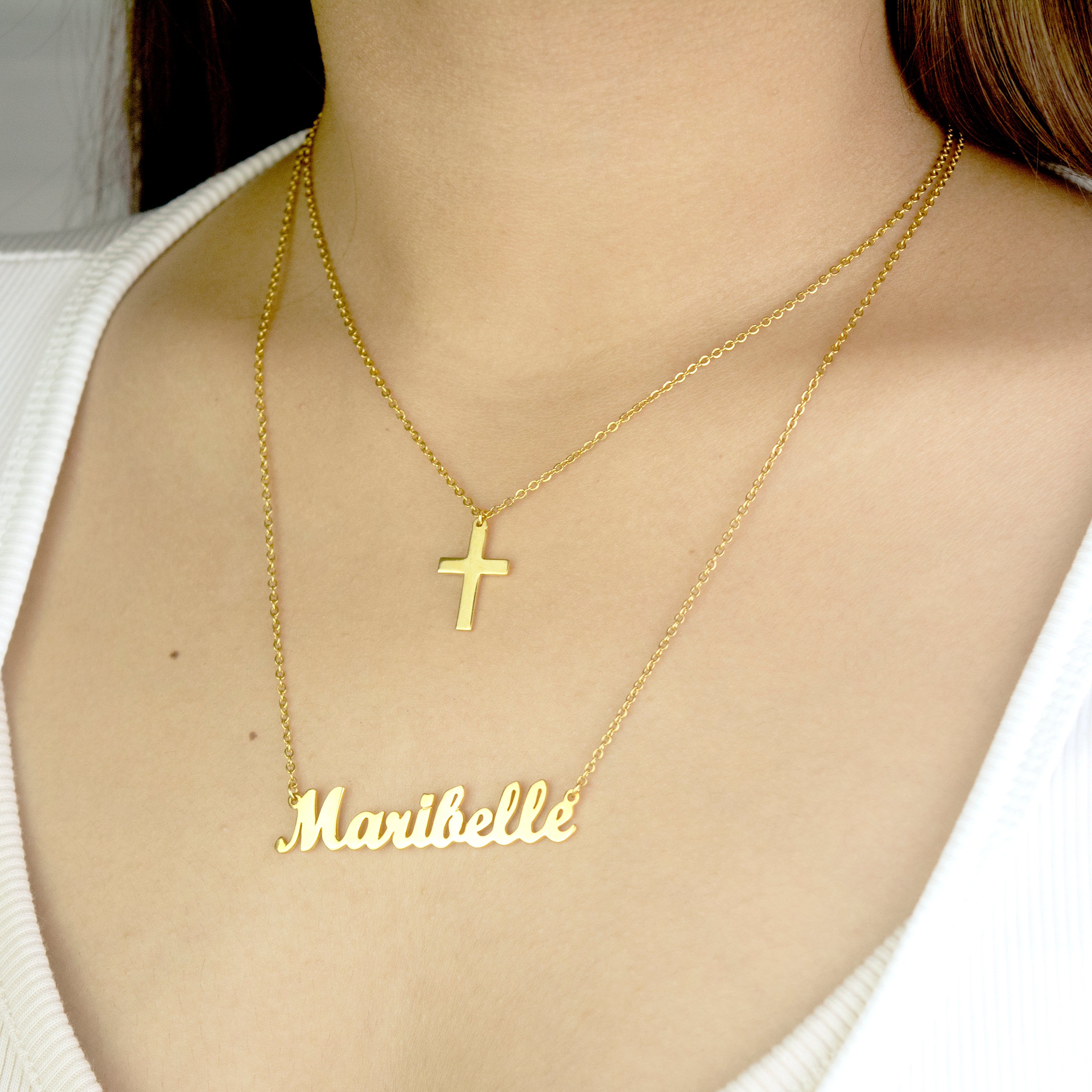 Soft Script Cross Personalized Name Necklace - Main Image