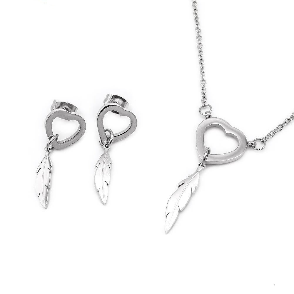 Open Heart with Feather Earrings and Necklace Set Stainless Steel Hypoallergenic Jewelry Set Philippines | Silverworks
