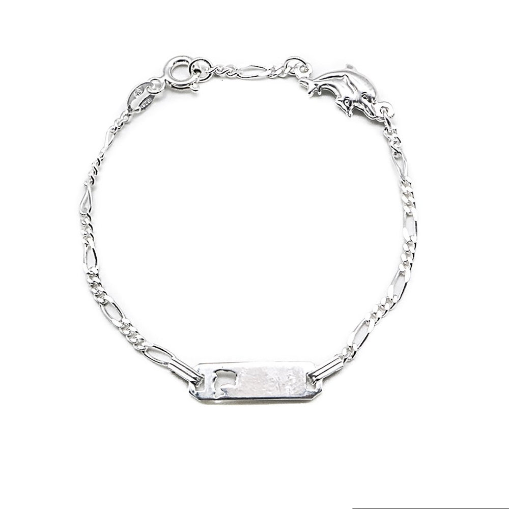 Caitlyn Open Dolphin Baby ID Bar Silver Bracelet with Figaro Chain