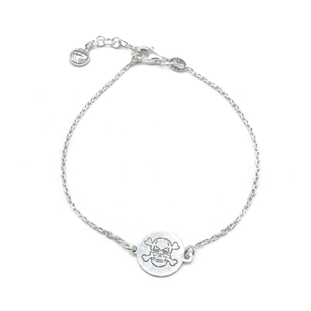 Callison Skull on Round Charm Silver Bracelet with Rolo Chain