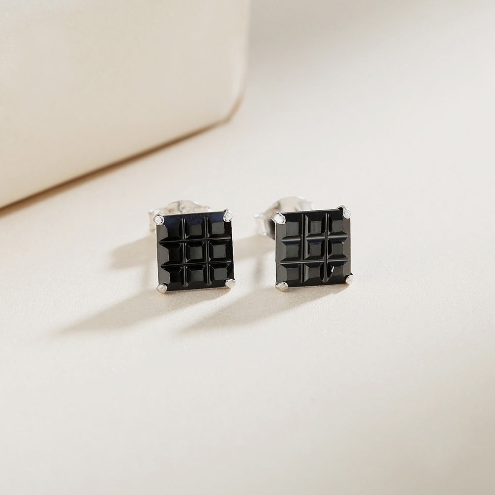 Mal Black Onyx Square Cut Silver Stud Earrings - Main Image