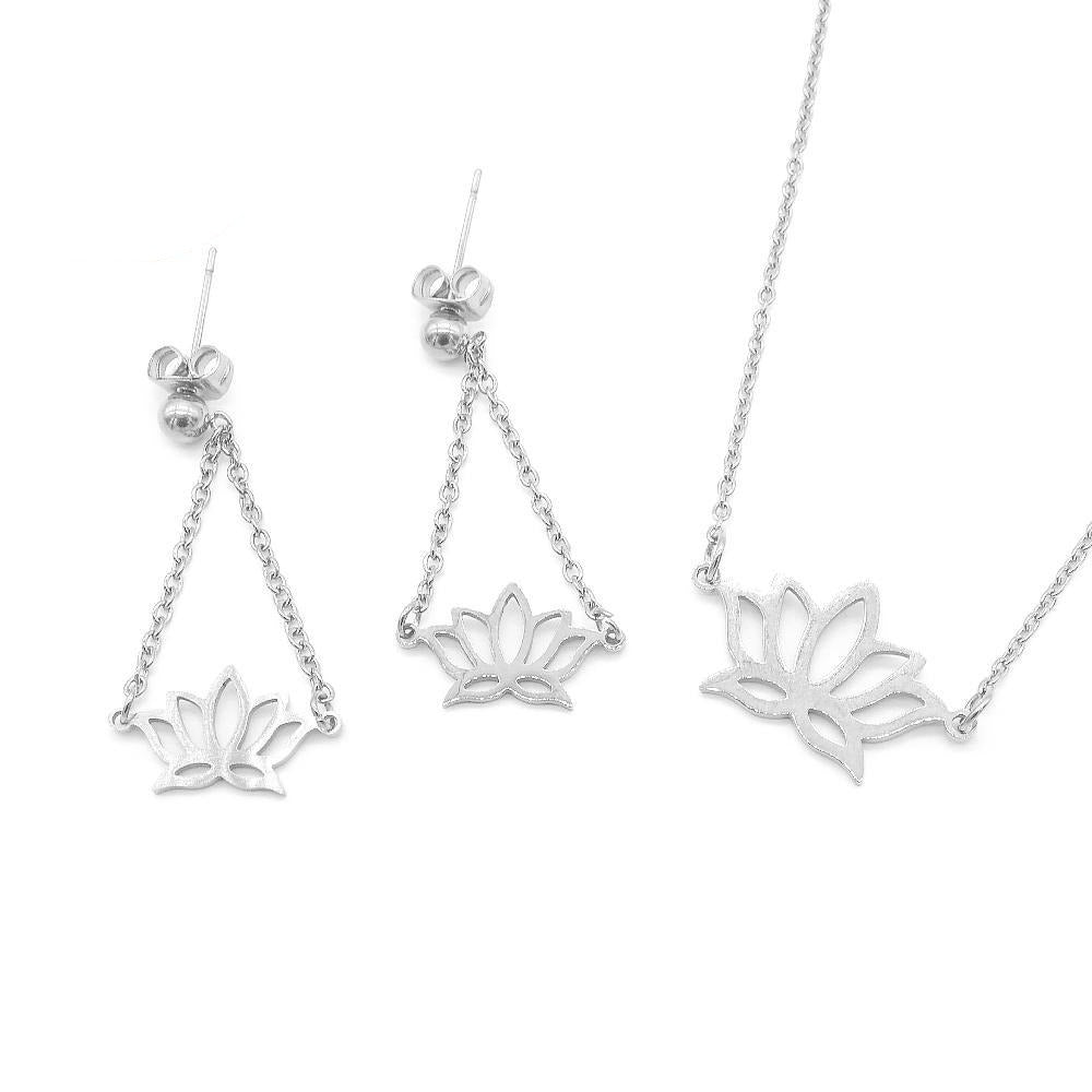 Sasa Lotus Design Necklace and Drop Earrings Stainless Steel Hypoallergenic Jewelry Set Philippines | Silverworks