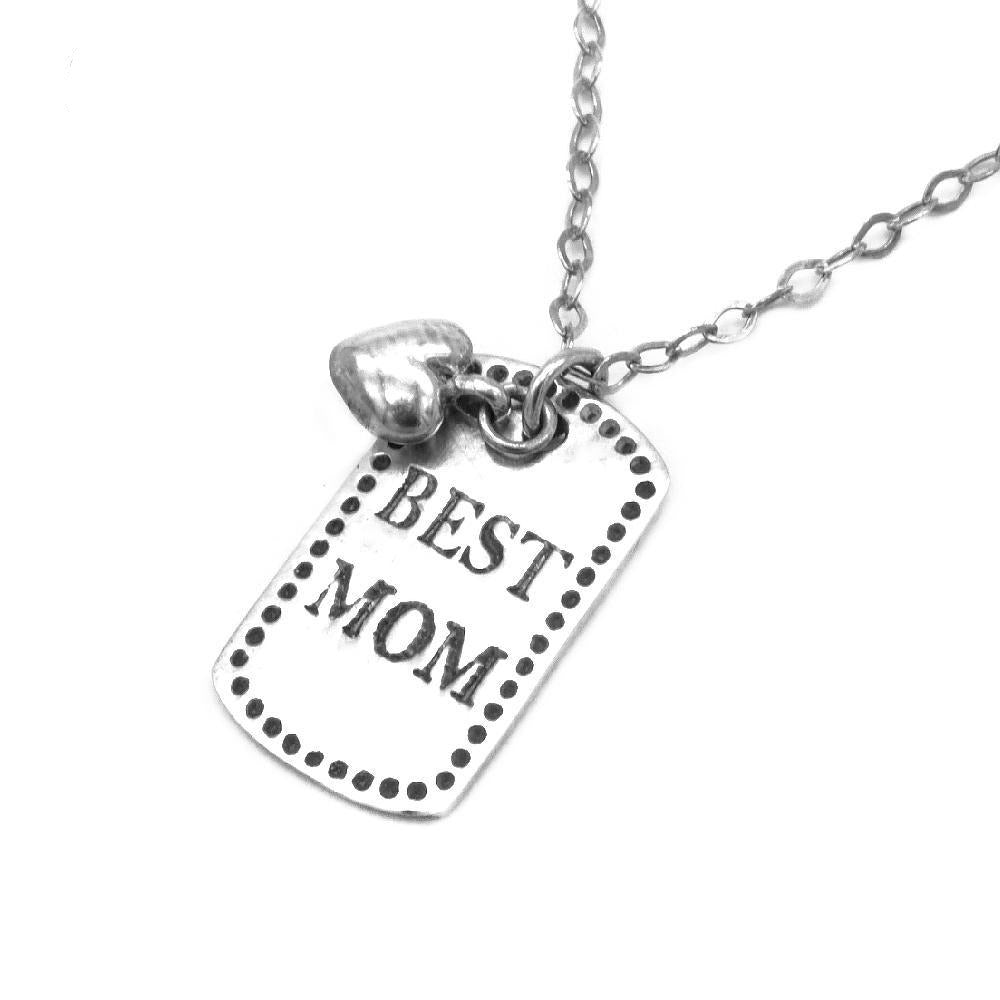 Best Mom and Puff Heart Pendant in Rolo Chain Necklace