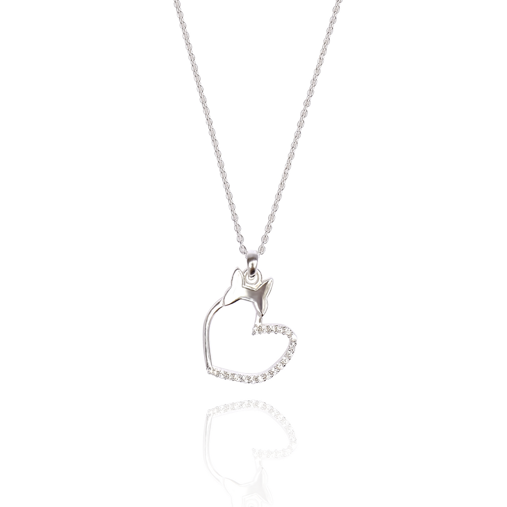 Heigl Silver Half Polish Heart With Ribbon On Top Necklace