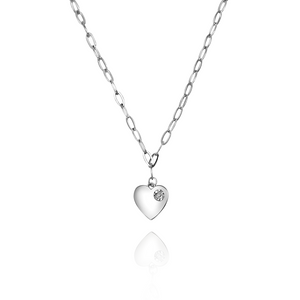Huey Rhodium Plain Heart W/ Diamond On Side Necklace