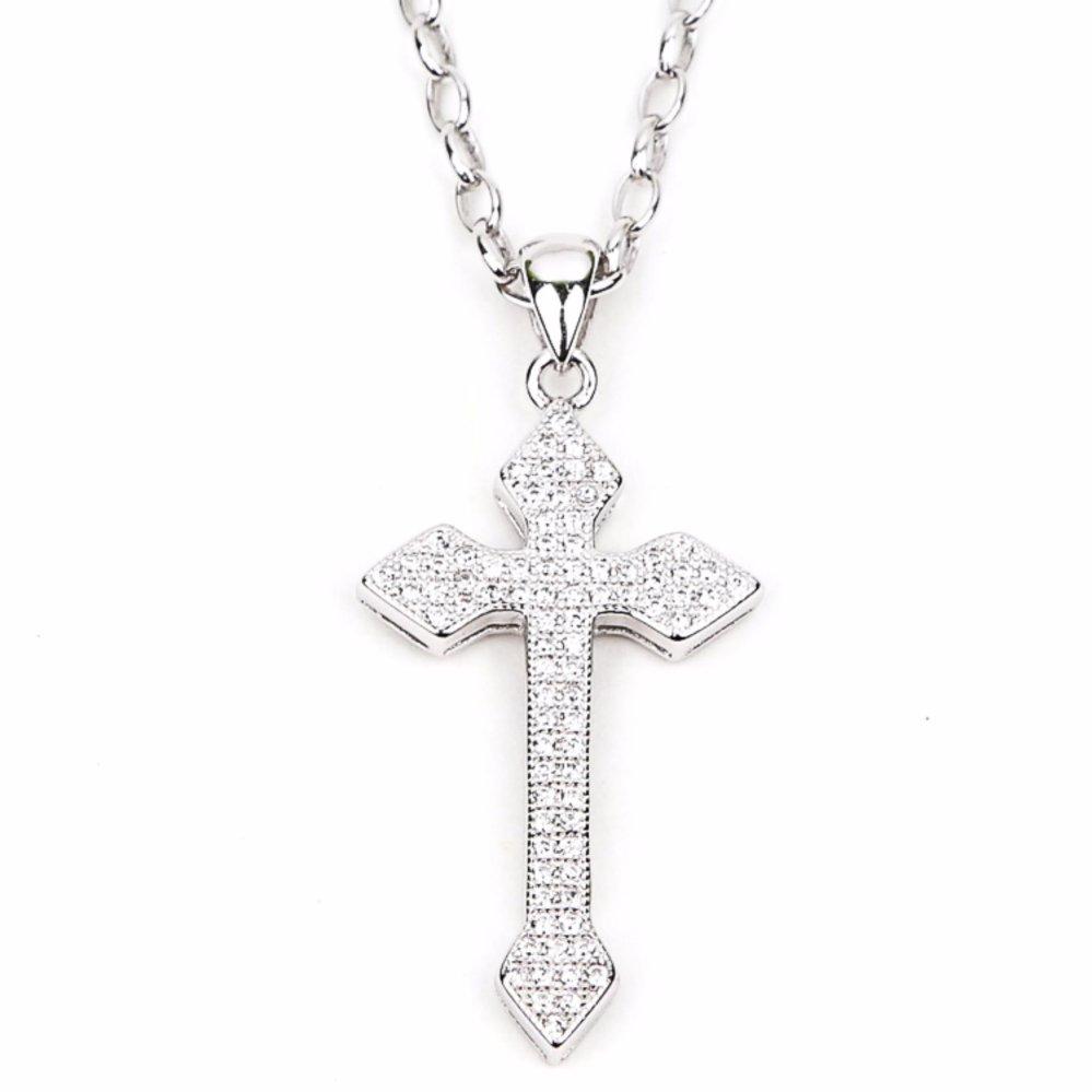 Cross Design with Diamond on End 925 Sterling Silver Philippines Necklace | Silverworks