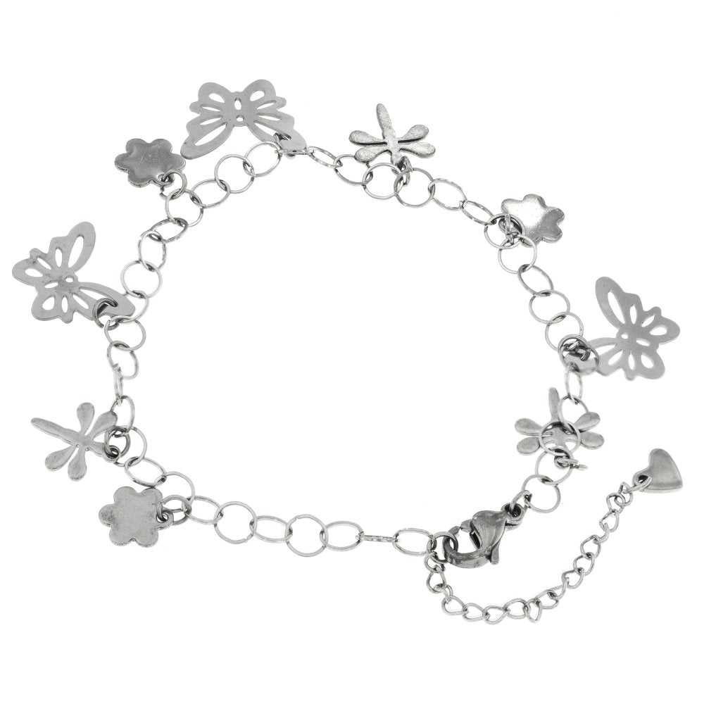 Fifer Flower, Dragonfly Butterfly Stainless Steel Charm Bracelet