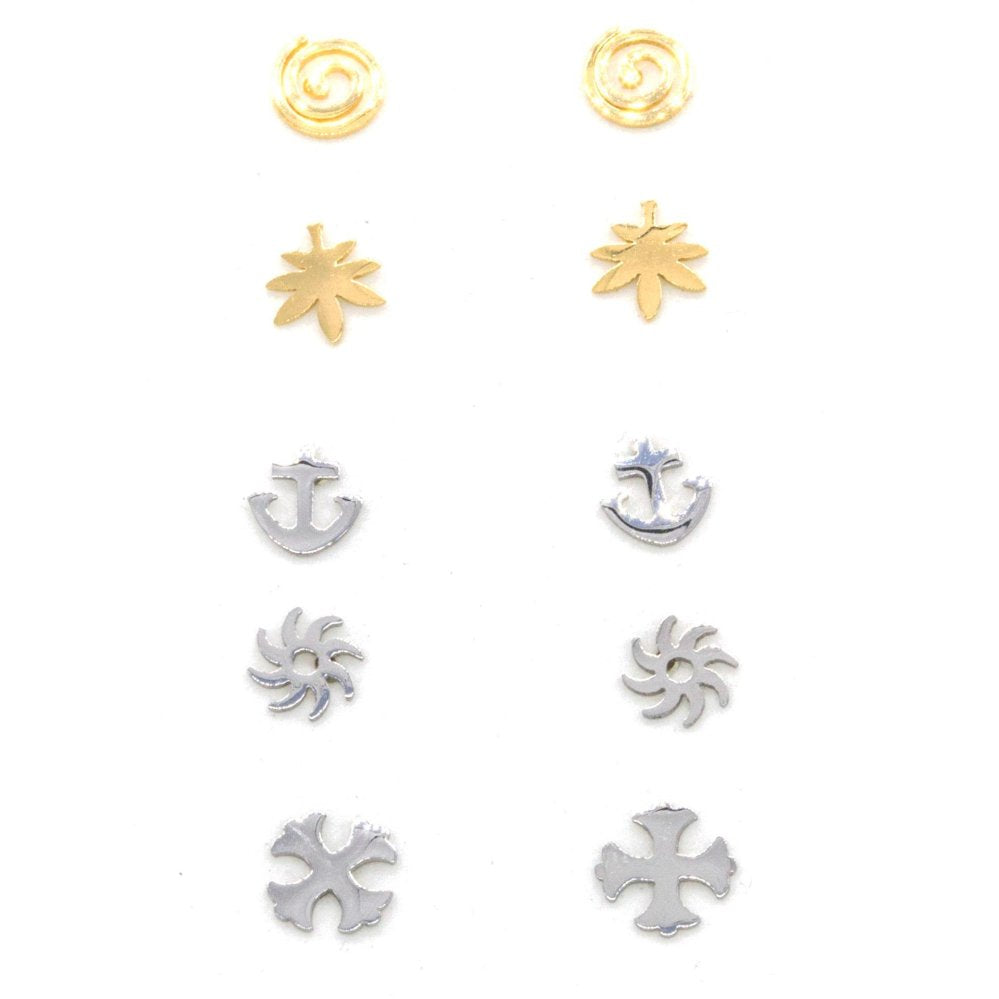 Set of Cross,  Leaf,  Sun,  Anchor and Swirl Stud Earrings