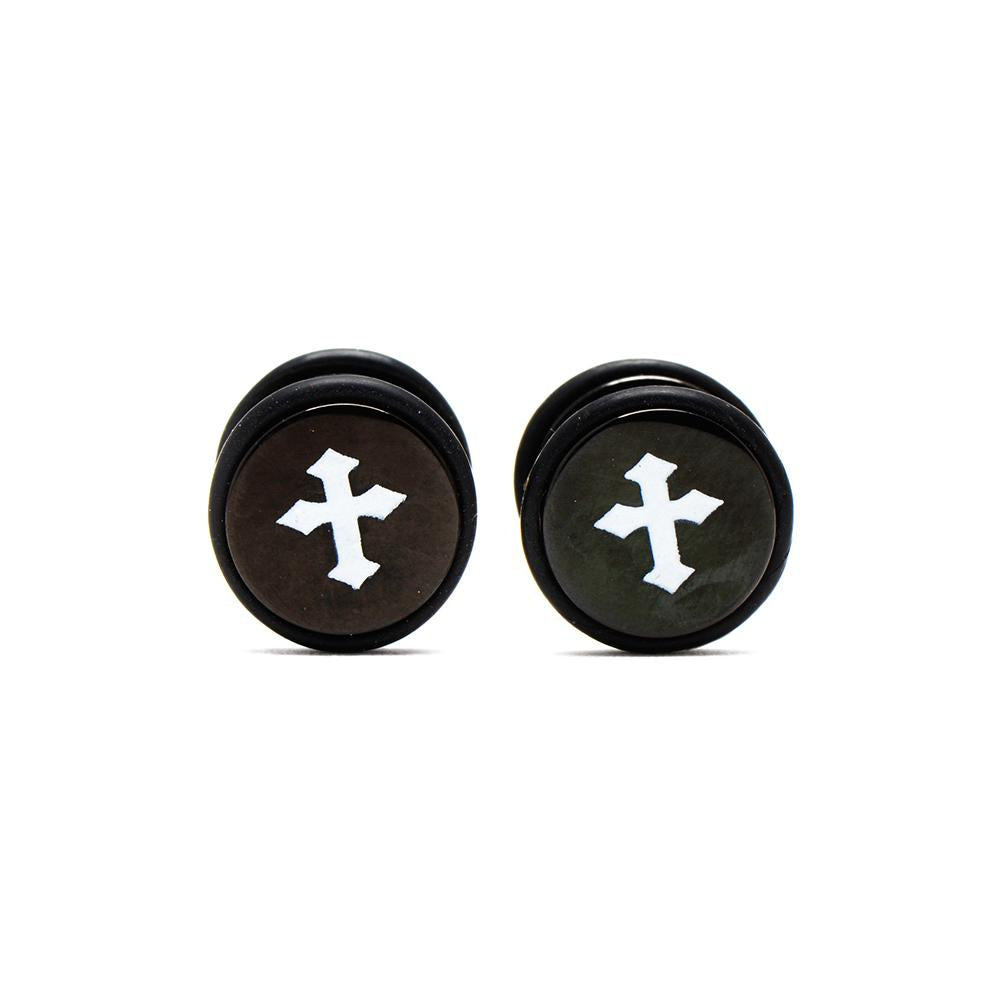 Black Fake Tunnel Earrings with Cross
