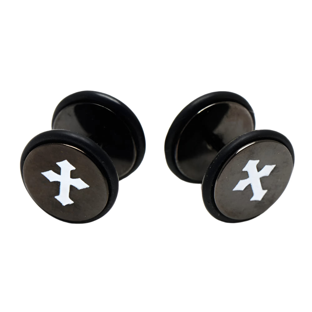 Black Cross Faux Tunnel Stainless Steel Stud Earrings | SilverWorks