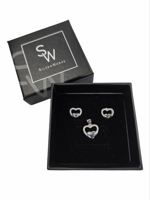 Silverworks Polish Heart in Cubic Zirconia Halo Heart Set of Charm and Earrings Set - S717