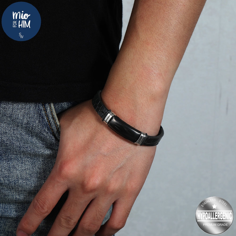 Silverworks Black ID Bar in Printed Pattern Leatherette Bracelet (X4505/06) - Mio Mio Collection