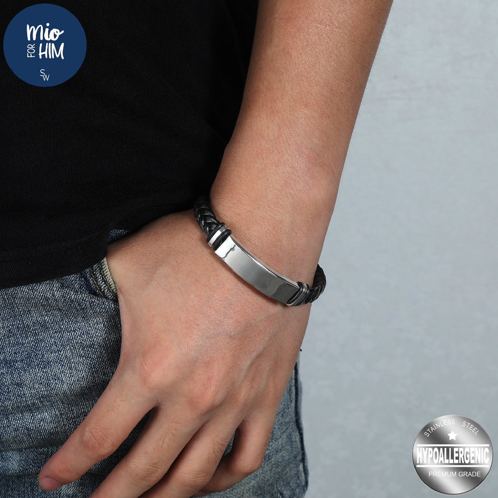 Greta ID Bar Stainless Steel in Braided Leather Bracelet | SilverWorks