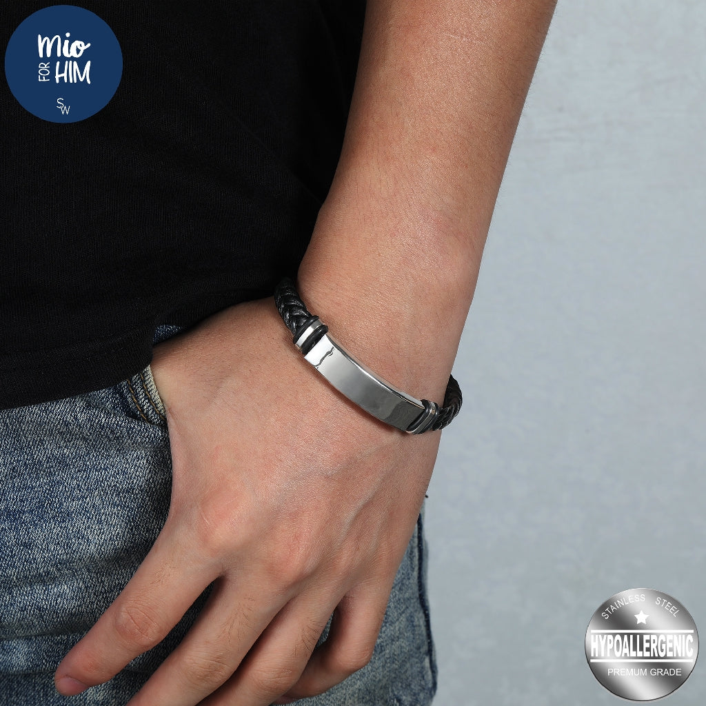 Greta ID Bar Stainless Steel in Braided Leather Bracelet | SilverWorks