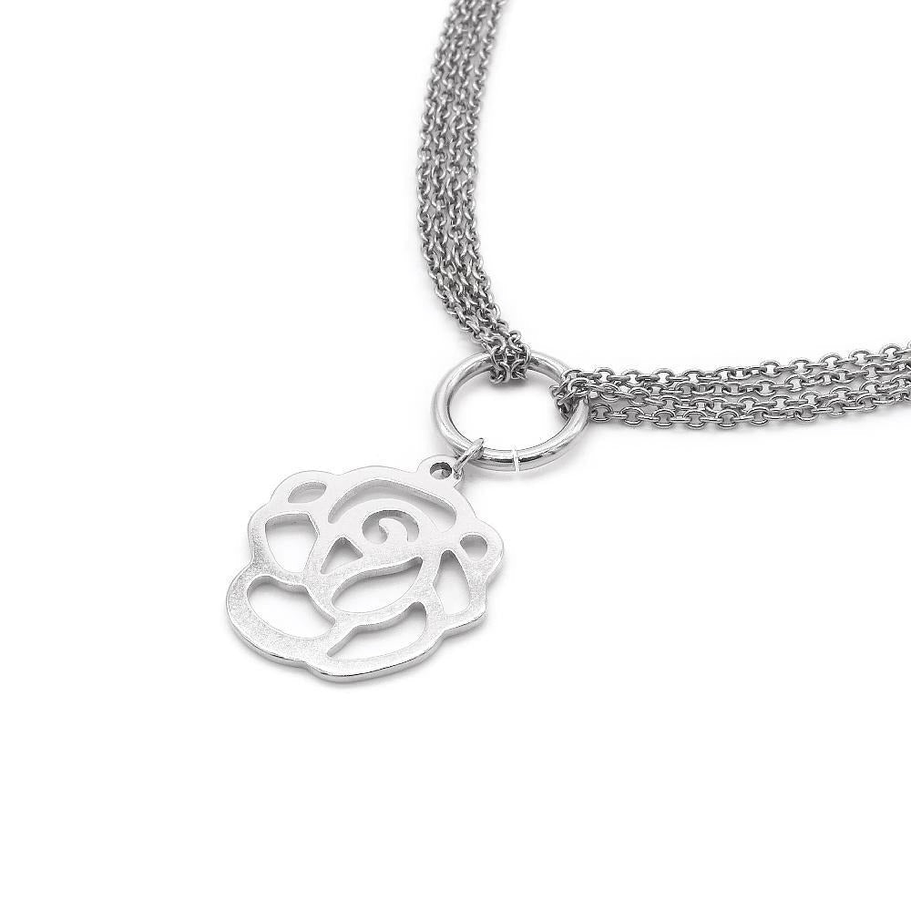 
                      
                        Flora Flat Rose with Layered Chain Stainless Steel Pendant Necklace | SilverWorks
                      
                    