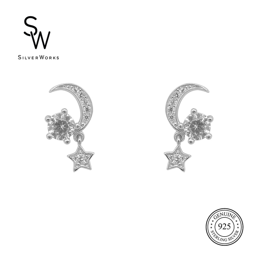 Silverworks Crescent Moon with Dangling Star Stud Earrings