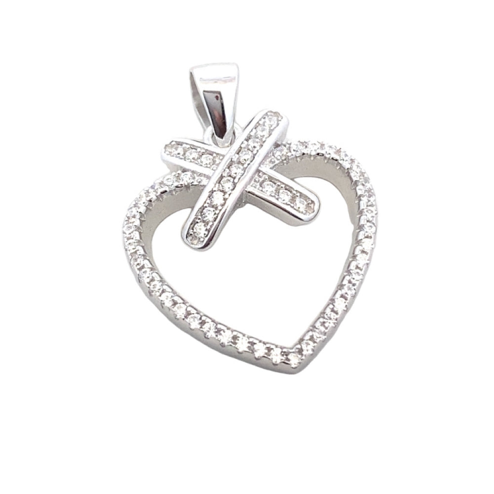 C5135 SILVER CROSS MIDT OP OPEN HEART FULL CZ PENDANT 2.5G