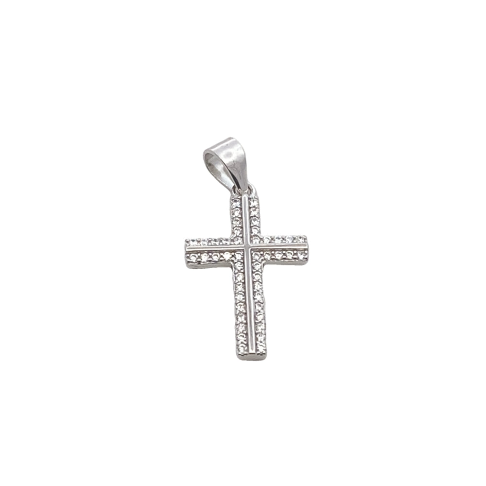 C5218 RHOD THINLINE MID CROSS WHTE SIDE CZ PNDNT 1.3G