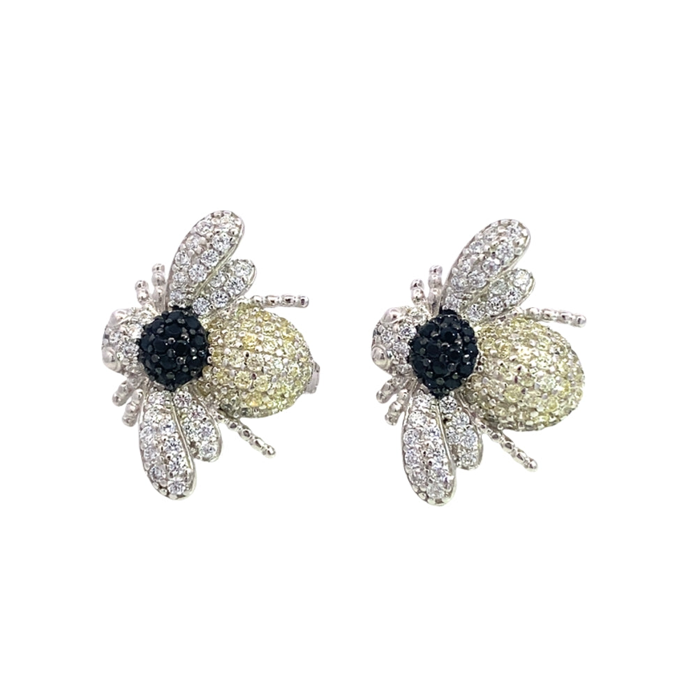 E8085 SILVER FULL BLACK YLWSH WITH CUBIC ZIRCONIA BEE CLIP ON EARRNG 5.8G