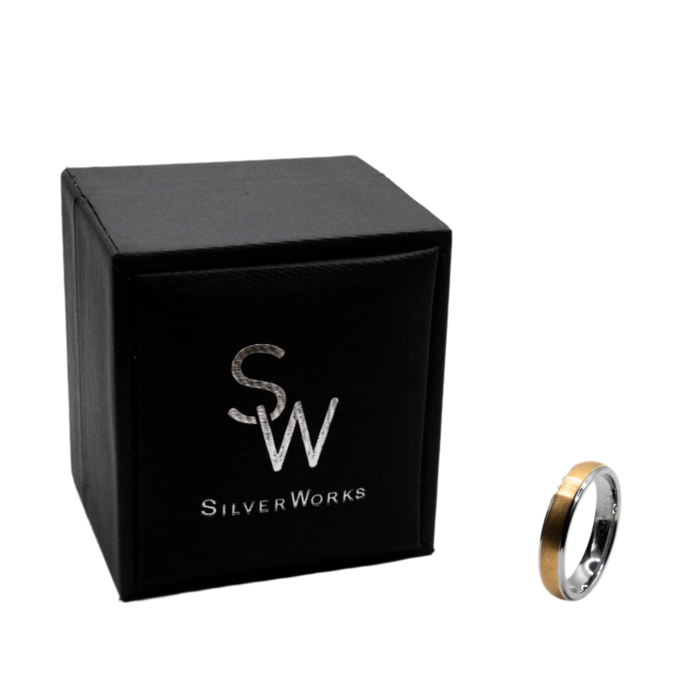 
                      
                        Irbid Classic Gold and Grey Two-Tone Tungsten Ring | SilverWorks
                      
                    
