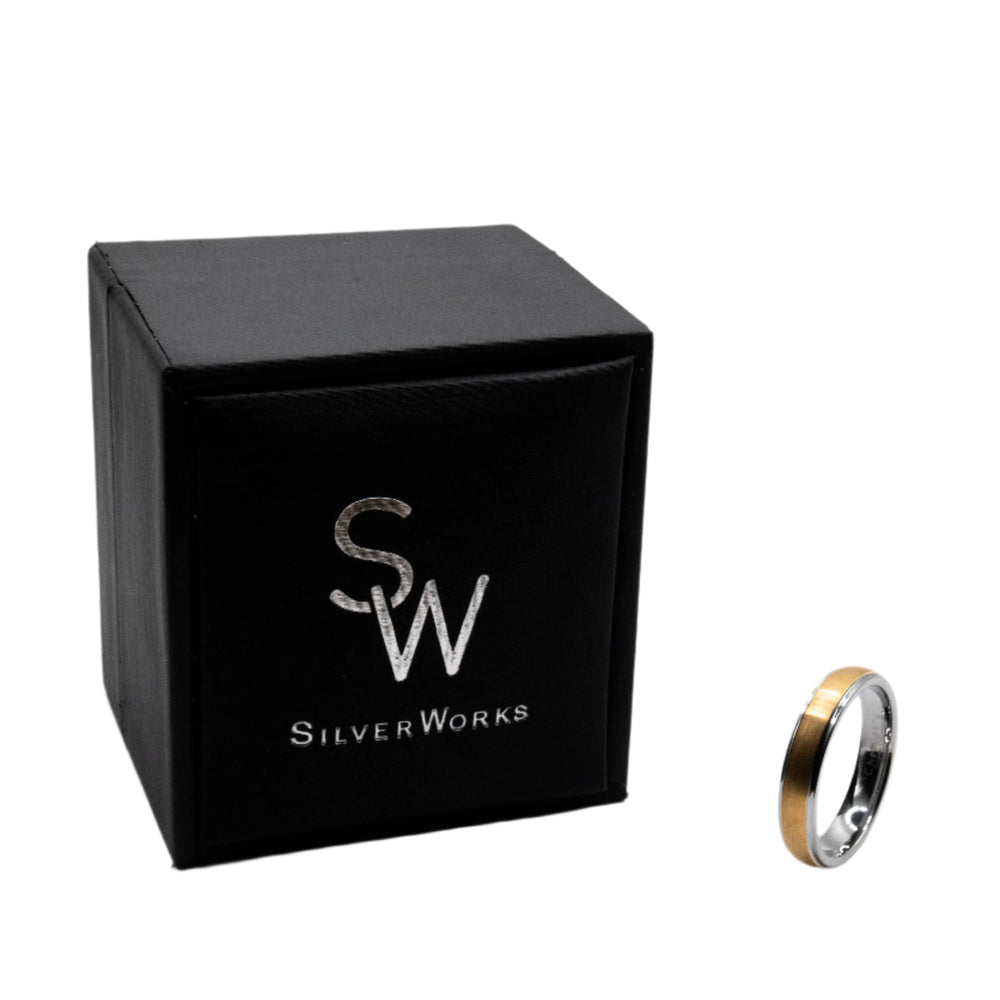 
                      
                        Irbid Classic Gold and Grey Two-Tone Tungsten Ring | SilverWorks
                      
                    
