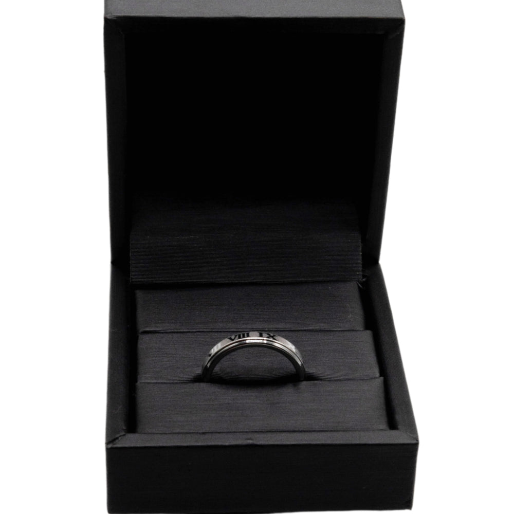 
                      
                        Raisa Romantic Roman Numeral Etched Silver Tungsten Ring | SilverWorks
                      
                    