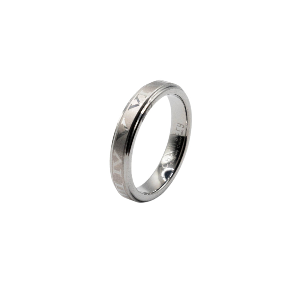 
                      
                        Raisa Romantic Roman Numeral Etched Silver Tungsten Ring | SilverWorks
                      
                    