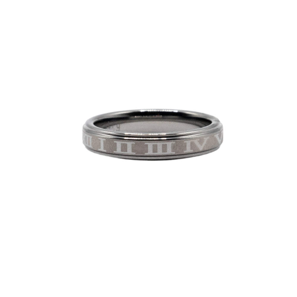 
                      
                        Raisa Romantic Roman Numeral Etched Silver Tungsten Ring | SilverWorks
                      
                    