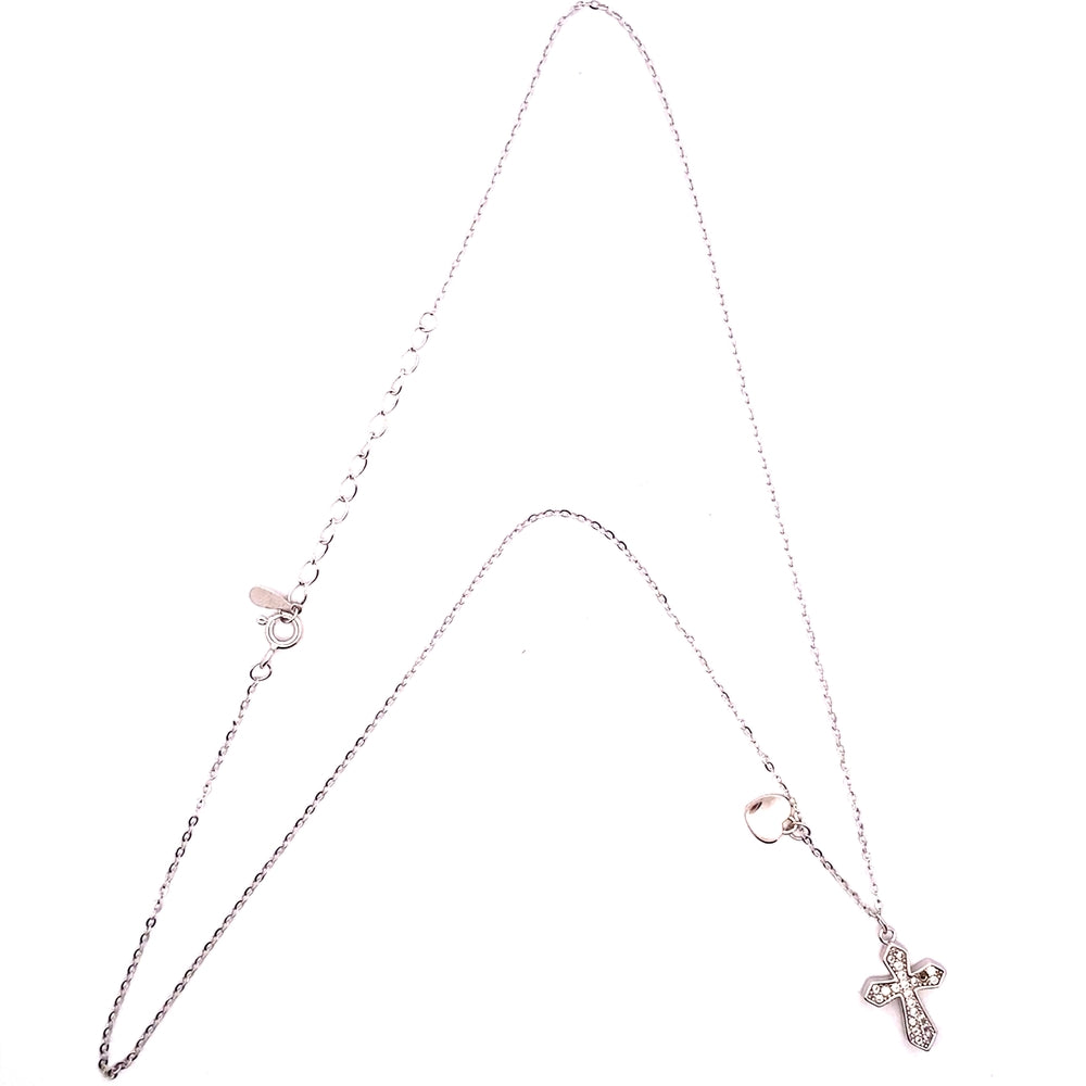 N5251 SILVER 16IN+1.5IN CHAIN FULL CZ CROSS 5MM PLAIN HEART PENDANT 2.17G