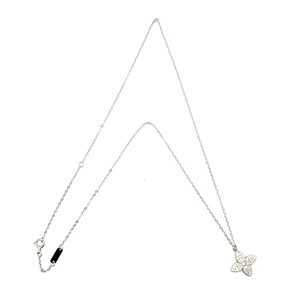 N5252 SILVER 16IN+1.5IN CHAIN FULL CZ MID OPEN 4PTLFLWR PENDANT 1.78G