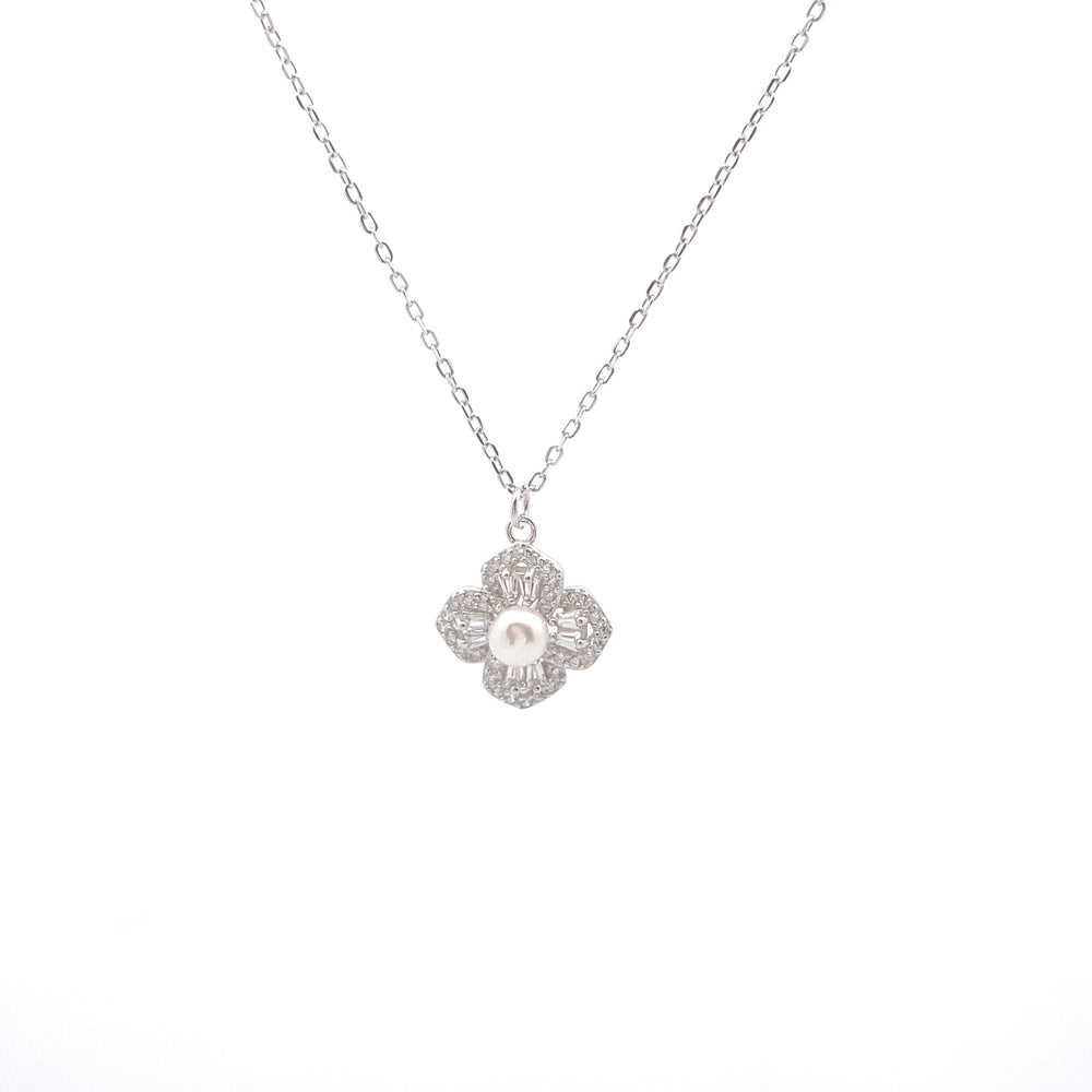 N5259 16IN+2IN CHAIN FULL CZ FLOWER MID PEARL PENDANT 2.54G