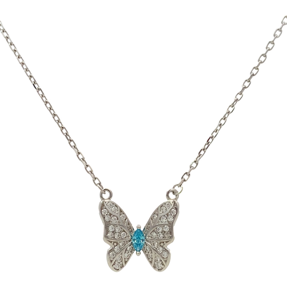 
                      
                        N5279 SILVER 16IN+2IN CHAIN 4MM BLUE WHT FULLCZ 12MM BUTTERLY PENDANT 2.9G
                      
                    
