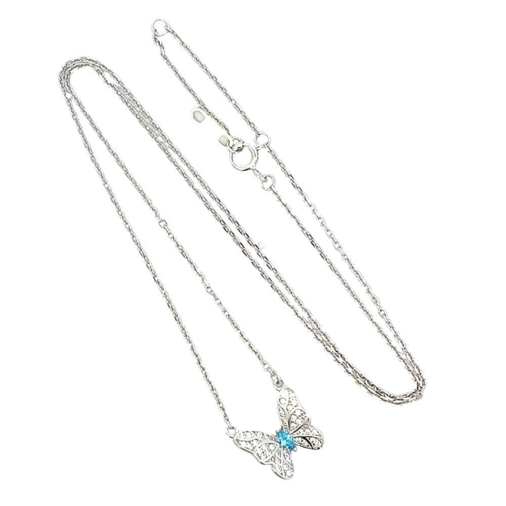 N5279 SILVER 16IN+2IN CHAIN 4MM BLUE WHT FULLCZ 12MM BUTTERLY PENDANT 2.9G
