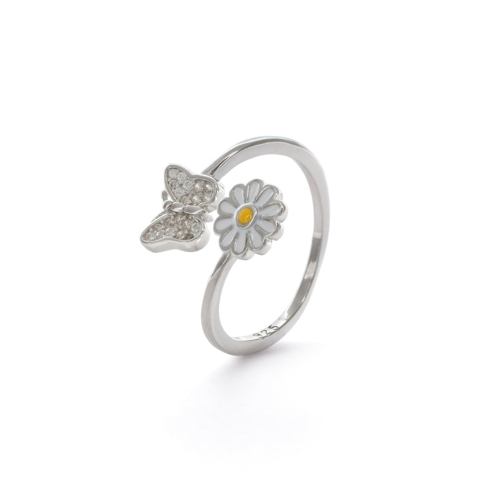 SilverWorks Azi Daisy & Butterfly 925 Sterling Silver Adjustable Ring