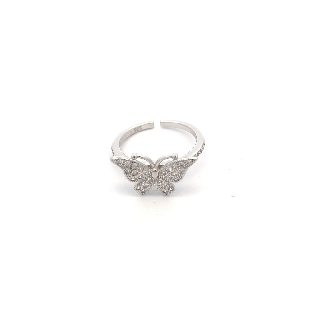 R6612 ADJUSTABLE  SILVER HLF ETRNTY RING WTH FULL CZ BTTRFLY ON TOP