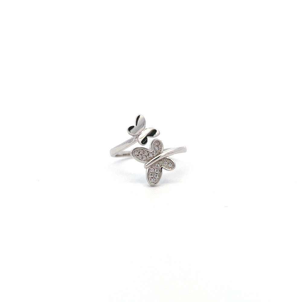 R6613 ADJUSTABLE  SILVER RVRSD BTTRFLY RING WTH CZ AND SMLL PLAIN