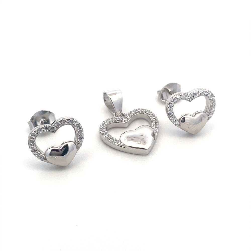 Silverworks Polish Heart in Cubic Zirconia Halo Heart Set of Charm and Earrings Set - S717
