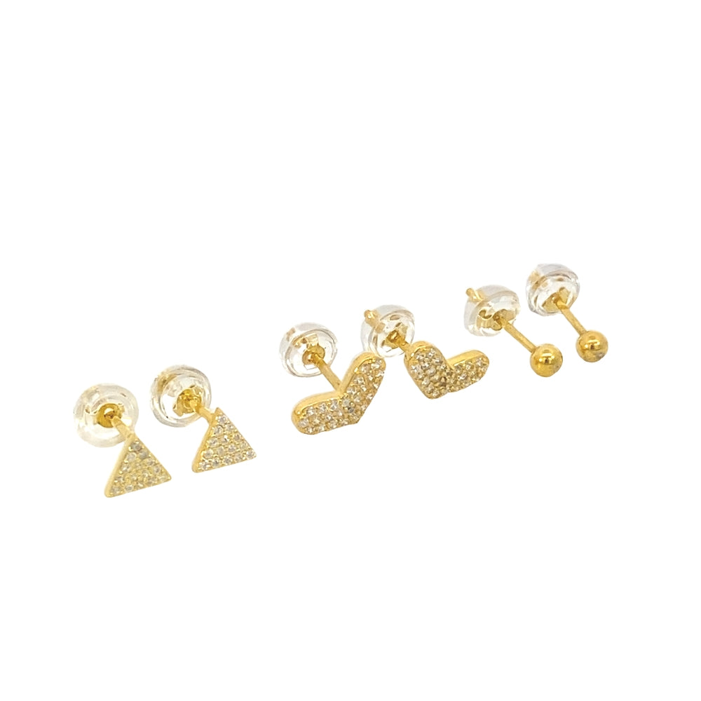 Sherette Gold Plated Microstuds Earrings Set Ball, Pav Triangle and Heart with Cubic Zirconia