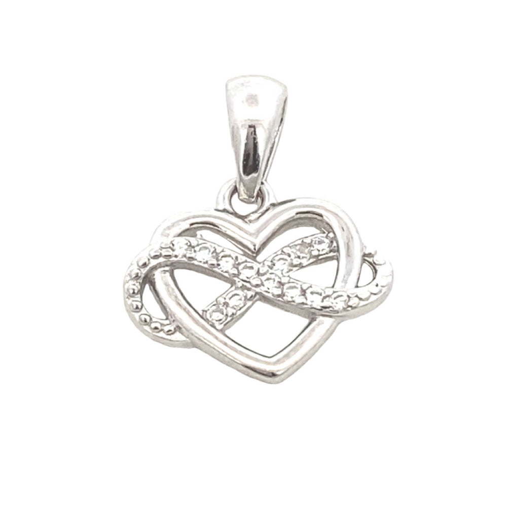 S781 HEART W FULL CZ INTERTWINED INFINITY IN MID RHODIUM EARRING PENDANT SET  2.14G