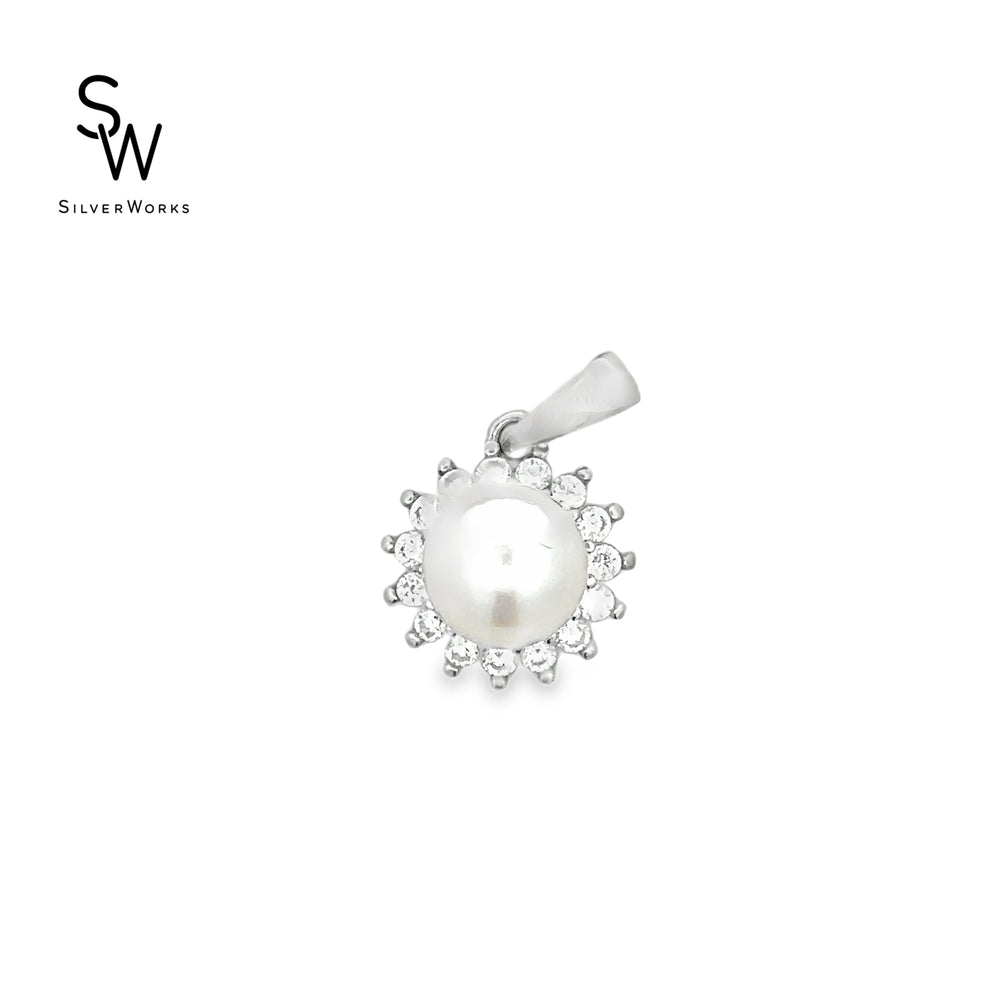 S885 RHOD CZ FLWR WTH FRSHWTER 8MM PNDNT 6MM STUD SET 3.2G