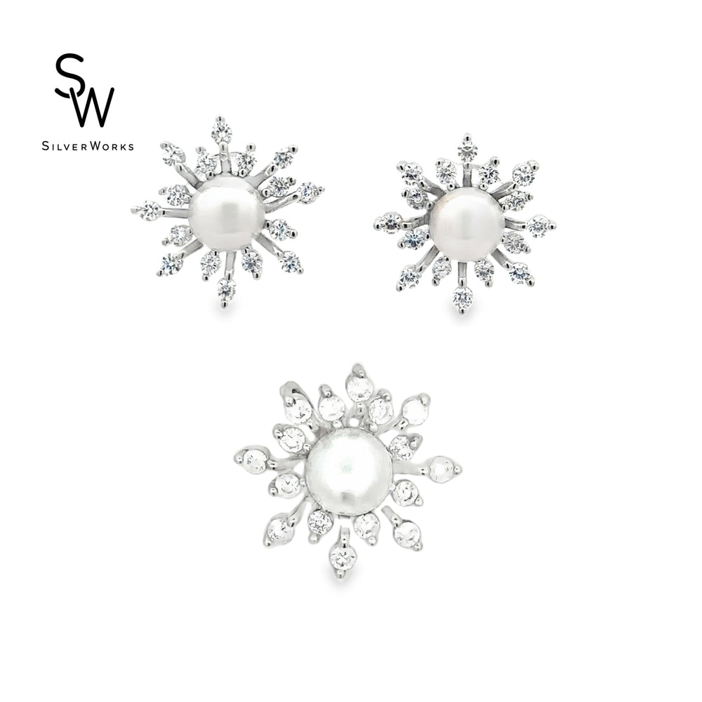 S886 RHOD PLT CZ WITH MID 5mm FRESH WITH PEARL STUD EARRINGS PENDANT SET 2.9G
