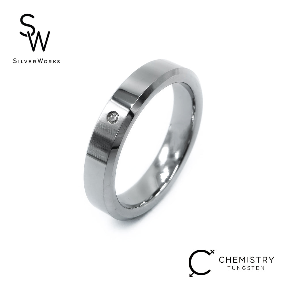Silverworks Beveled Edge Design Tungsten Ring with Small Diamond - Chemistry Tungsten Collection T38