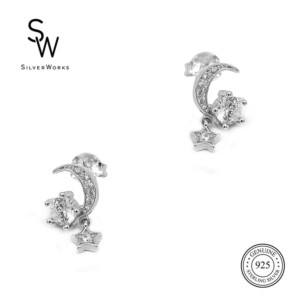Silverworks Crescent Moon with Dangling Star Stud Earrings