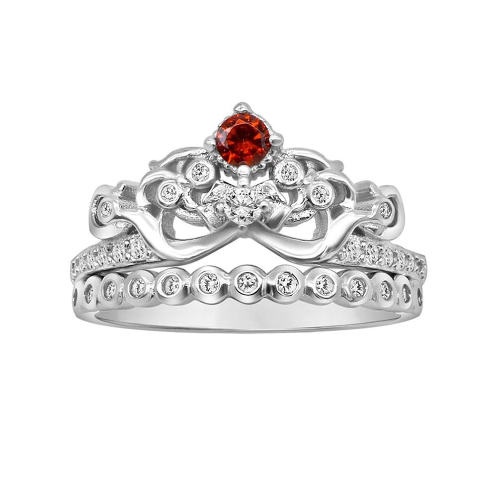 Snow White Ruby Disney Princess 925 Sterling Silver Crown Ring Set | SilverWorks